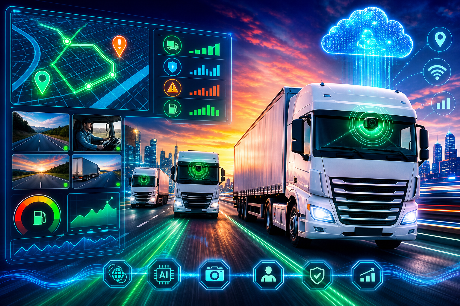 AI fleet telematics dashboard with truck camera feeds